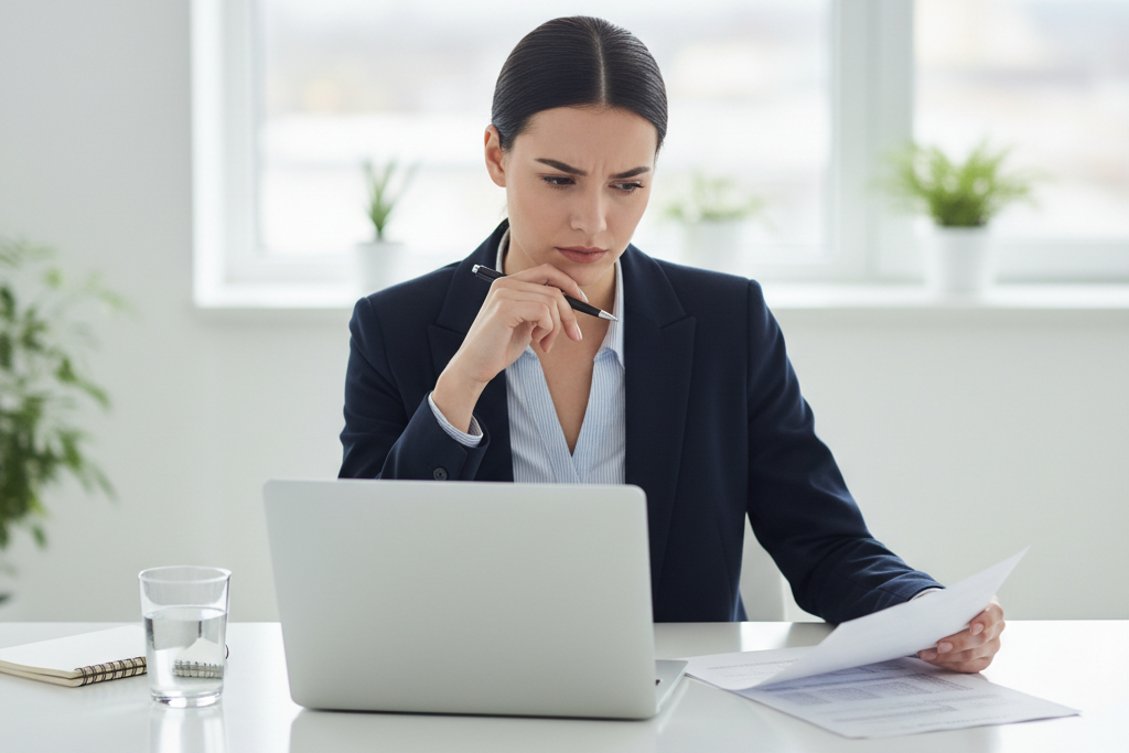 Professional comparing documents side by side at a bright minimalist office desk