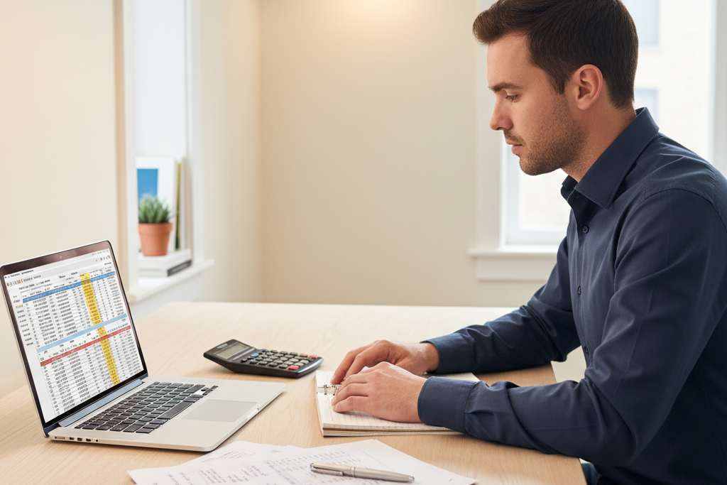 Person comparing costs on a laptop and notebook for office software purchase decisions