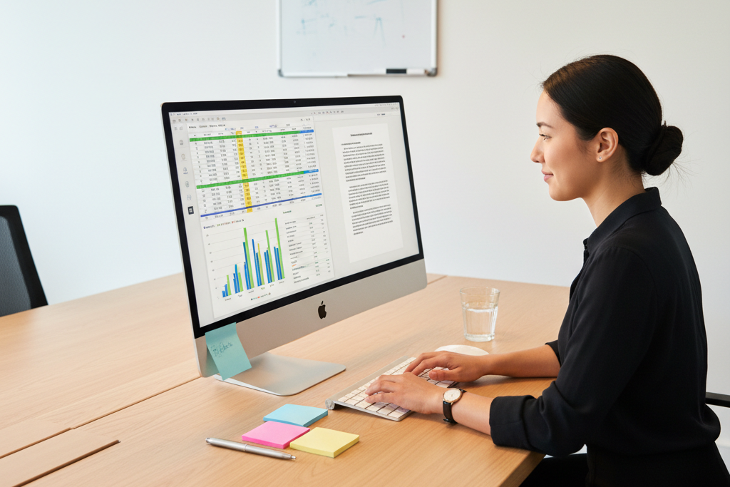 Young professional using core productivity apps on Office for Mac