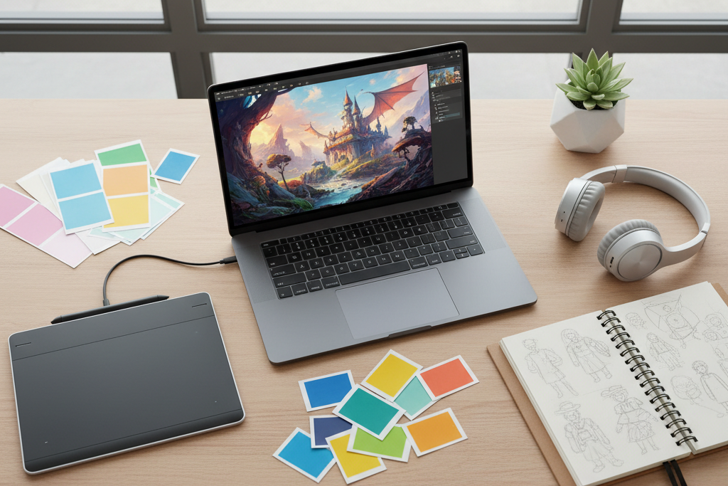 Designer desk with tools representing Photoshop Illustrator and full creative cloud suite