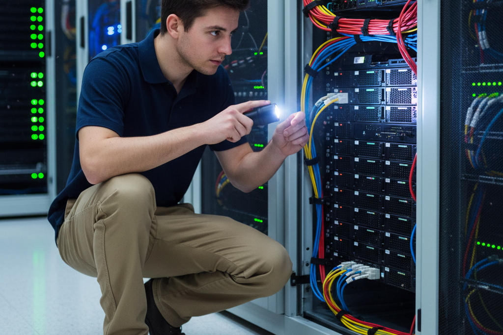 IT technician checking server hardware for RDS CAL version compatibility