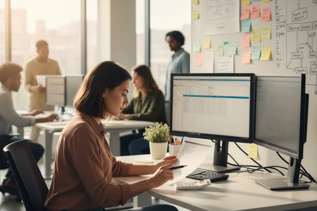 Systems administrator calculating server license requirements at a dual-monitor workstation