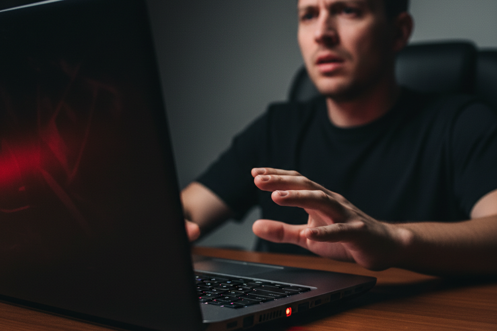 Person pausing at laptop looking concerned about software key scam warning signs