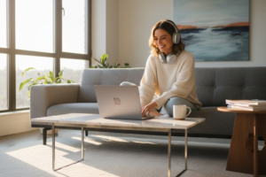 Young woman enjoying a spotify premium deal on her laptop at home