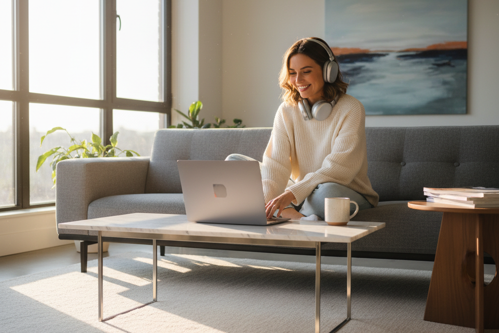 Young woman enjoying a spotify premium deal on her laptop at home