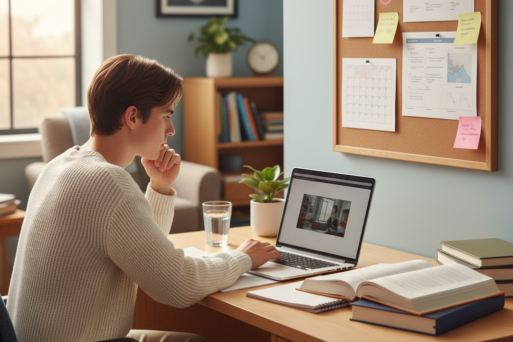 Student at desk researching a spotify premium free trial offer on laptop
