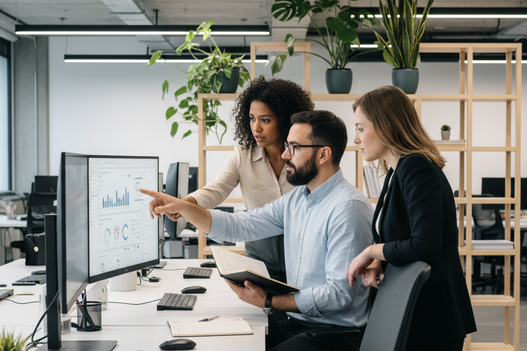 Office colleagues comparing types of discounted software products on a shared monitor