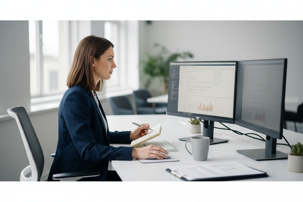 Young professional at desktop PC verifying a software key purchase online