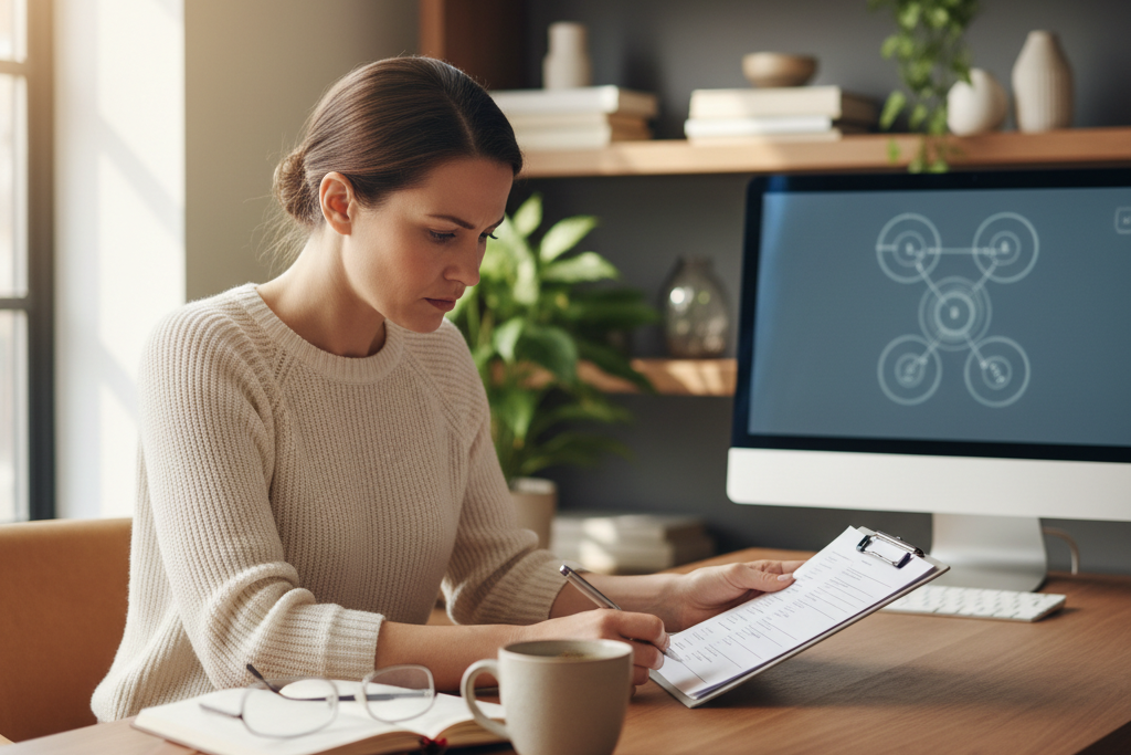 Small business owner reviewing seller checklist for buying legit discounted software keys