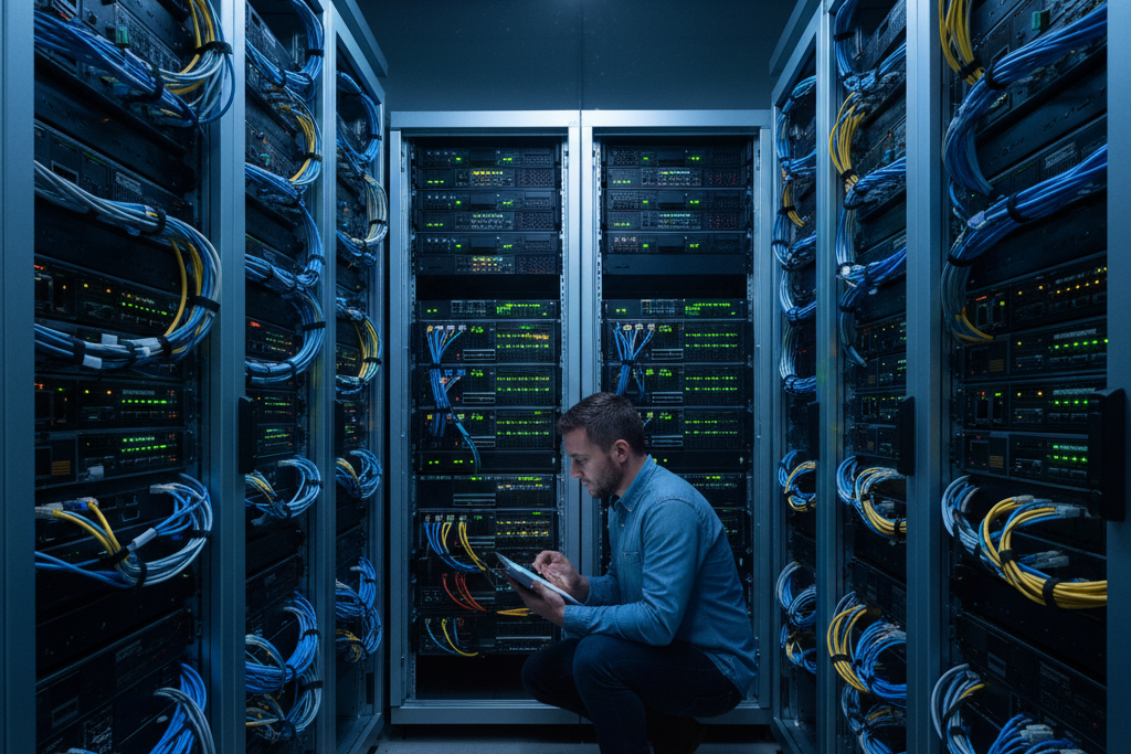 IT technician inspecting servers in a small business network room