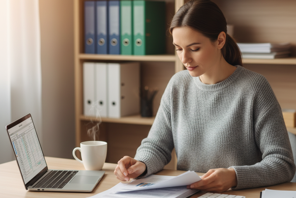 Small business owner reviewing VPN pricing costs at organized office desk
