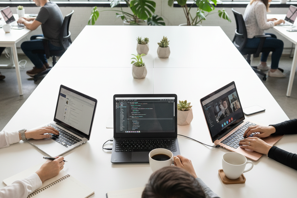 Three users comparing VPN services on laptops in a bright co-working space