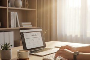 Person at modern desk searching where to buy genuine software keys