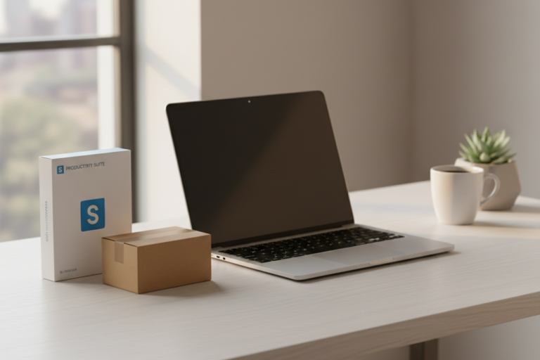 Desk with laptop and software boxes illustrating why OEM keys are so cheap