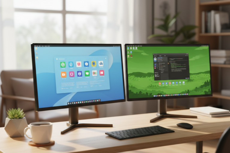 Side-by-side monitors on a desk illustrating windows 10 vs windows 11 comparison