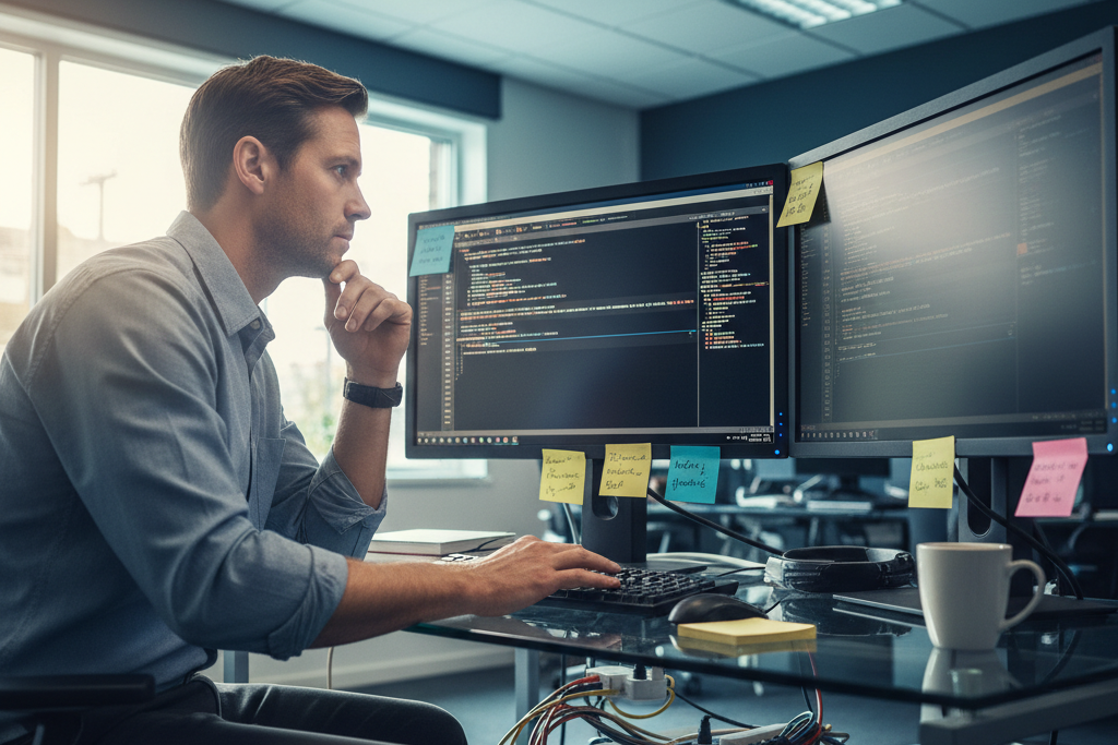 IT professional troubleshooting Windows 11 activation errors at a dual-monitor workstation