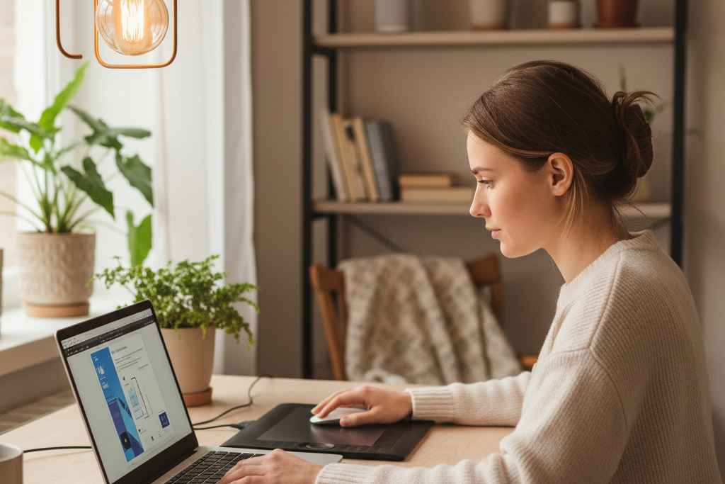 Freelancer using AI productivity features on a laptop running windows 11 in 2026