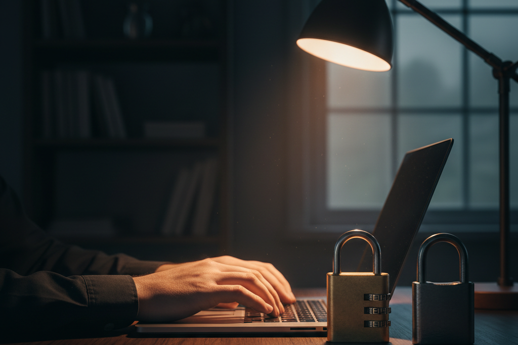 Person typing on laptop with padlock on desk highlighting Windows 11 security differences
