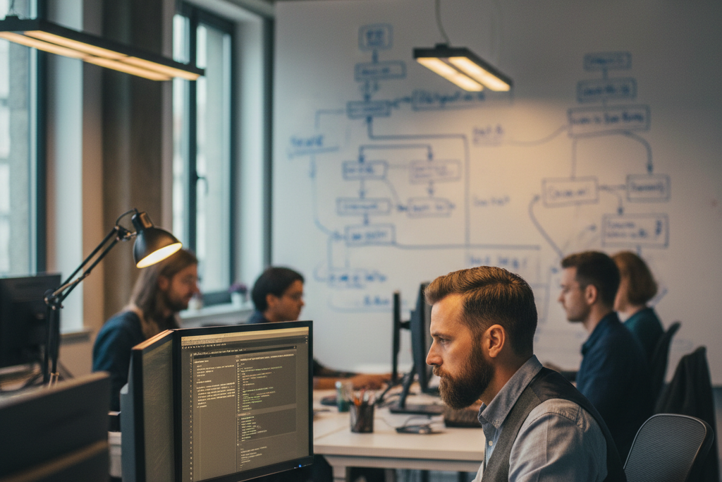 IT professional at dual-monitor workstation exploring Windows 11 Pro upgrade features