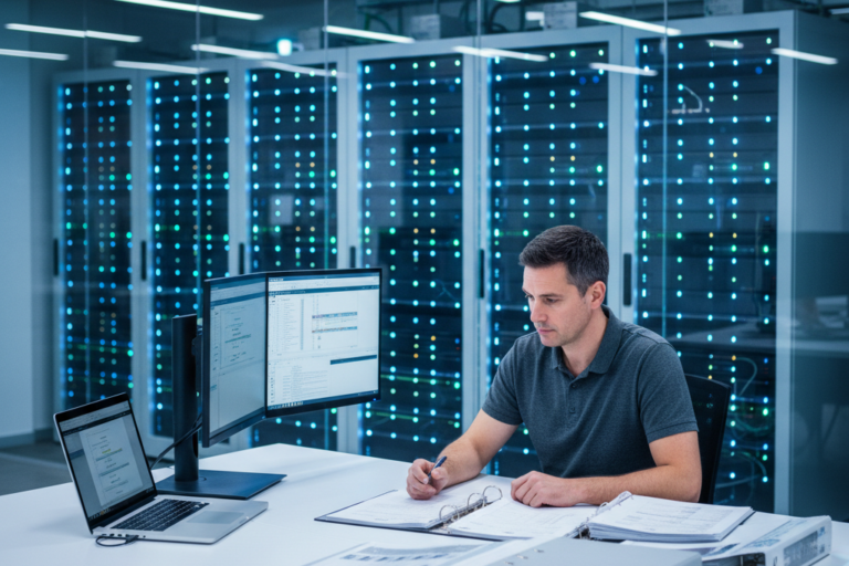 IT admin reviewing windows server 2022 license documentation at server room desk