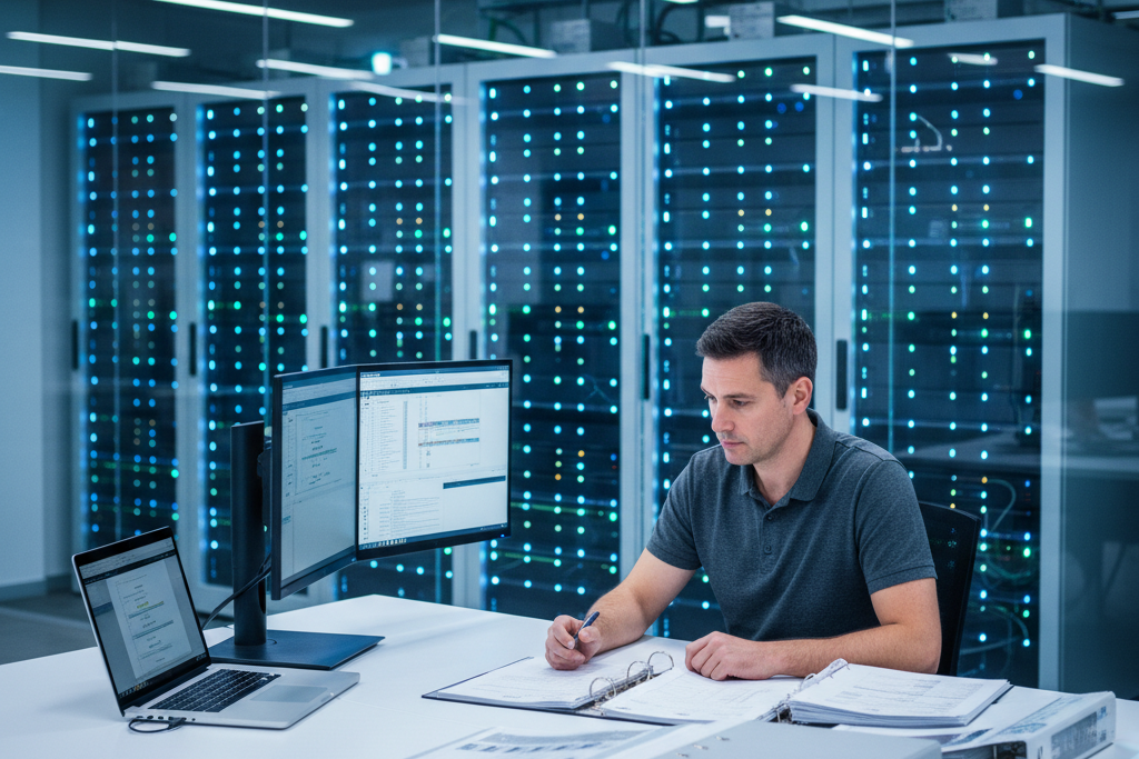 IT admin reviewing windows server 2022 license documentation at server room desk