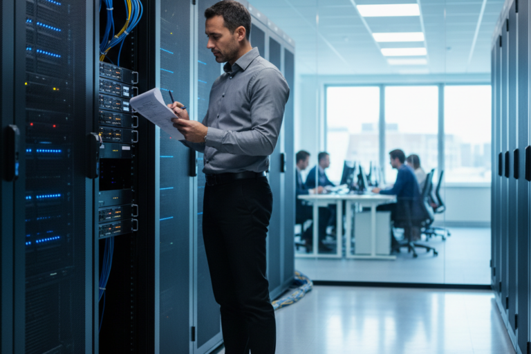 IT admin reviewing Windows Server 2022 standard setup in a modern server room