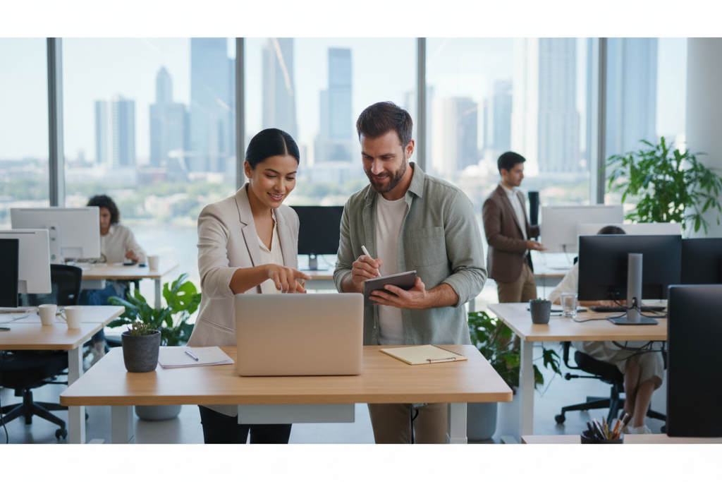 Two IT colleagues comparing Windows Server 2022 upgrade options on a laptop