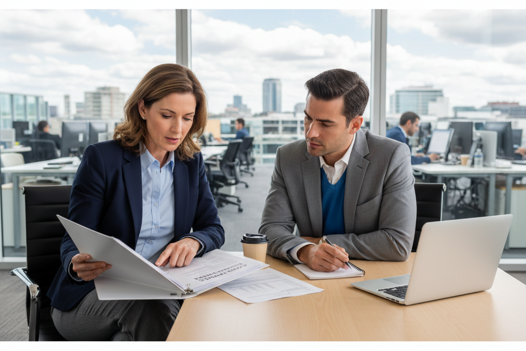 Business professionals reviewing commercial Windows Server license compliance documents in meeting room