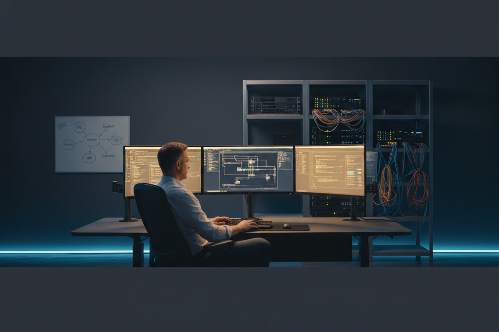 Cloud engineer managing Windows Server virtualisation setup across multiple monitors at night