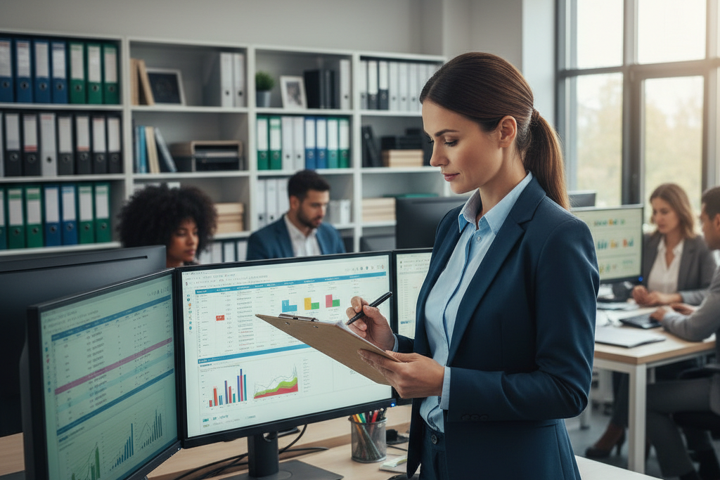Small business owner reviewing discounted software license options at office workstation