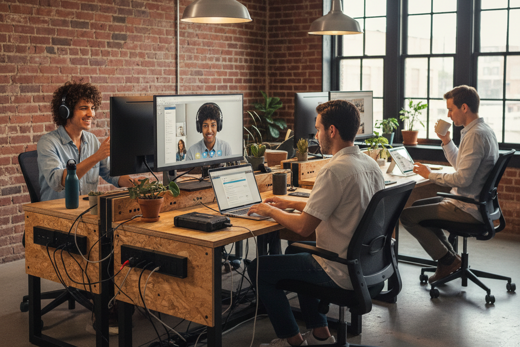 Freelancers with varied tech needs in co-working space choosing best VPN solution.