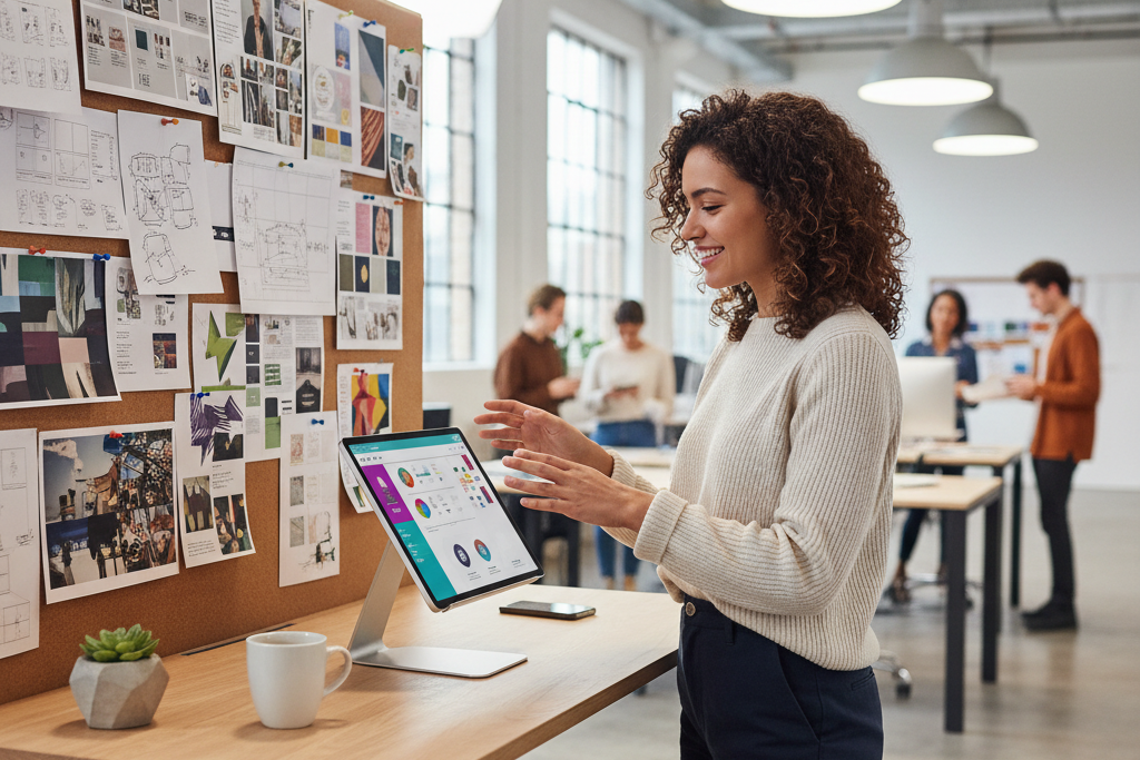 Young marketer reviewing design software upgrade options at a modern studio desk