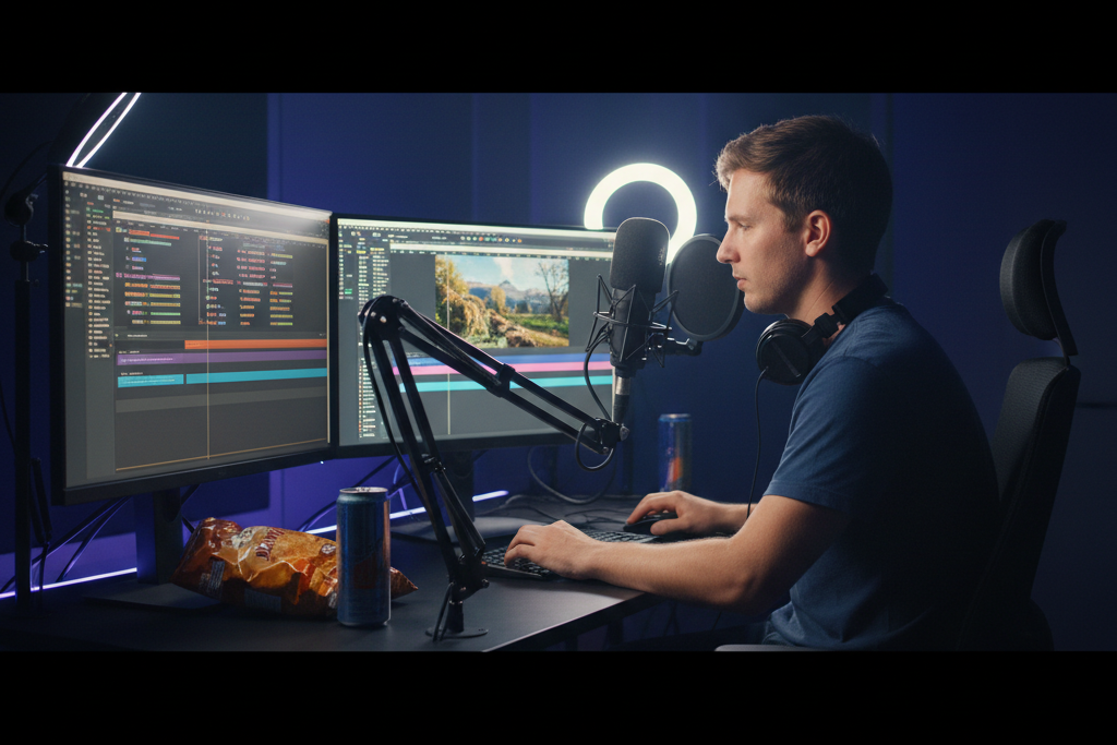 Video editor working at dual-monitor setup in a moody home editing suite
