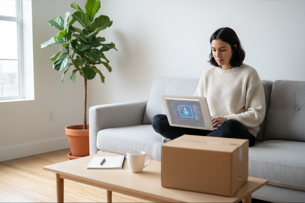 Freelancer choosing digital delivery over boxed software for genuine discounted keys