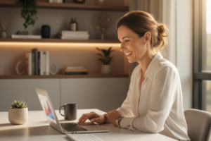 Professional at home desk showing dimedigitals legit secure shopping experience