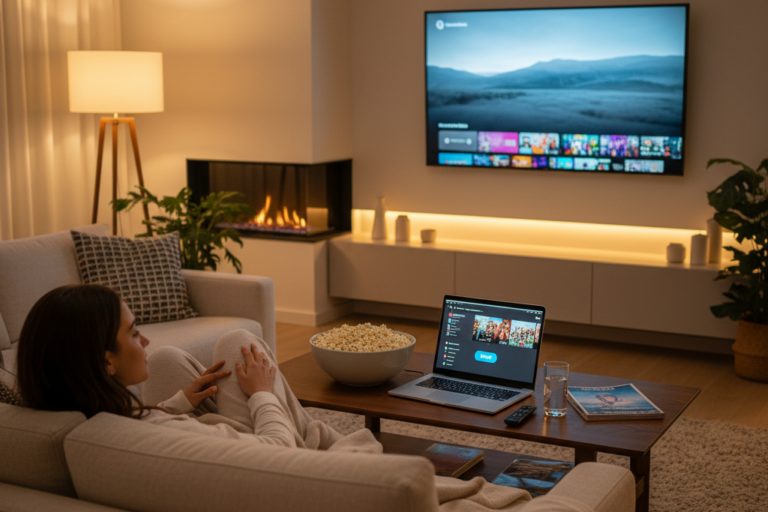 Woman relaxing at home ready to enjoy her disney plus account on TV