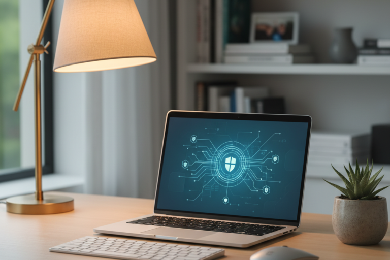 Laptop on a modern desk representing ESET Internet Security protection setup