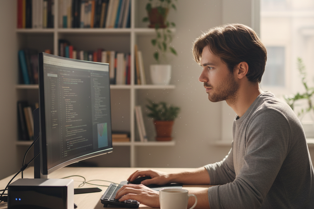 Man working at desktop PC illustrating who needs ESET NOD32 antivirus