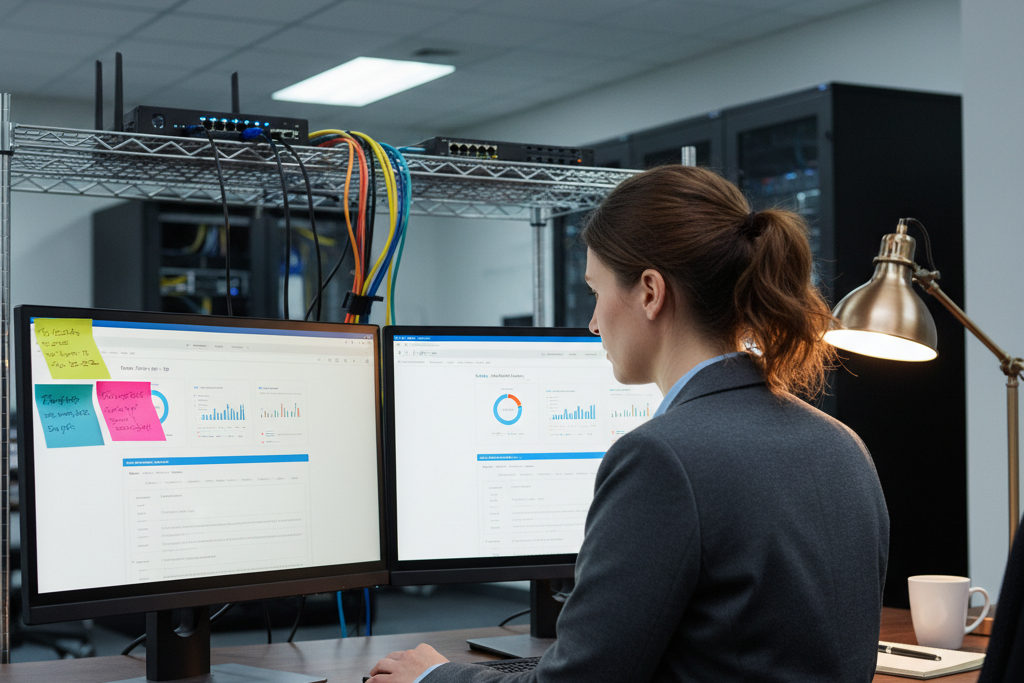 Woman comparing software options on dual monitors in a small business office