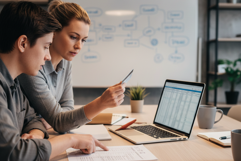 Two people comparing one-time Mac office license purchase options at a desk