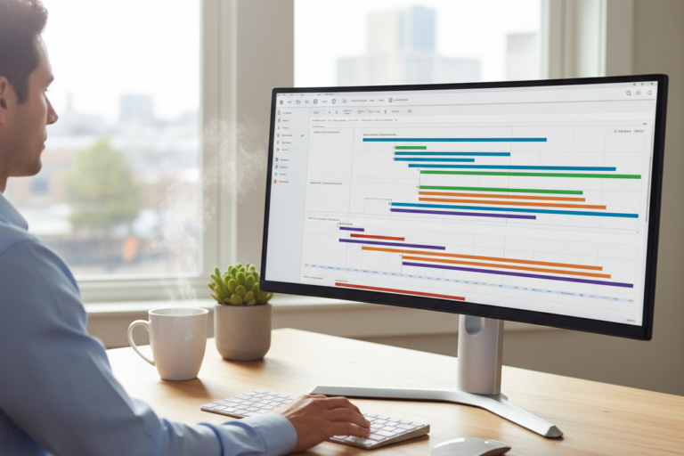 Professional using Microsoft Project 2024 on a modern home office desktop setup