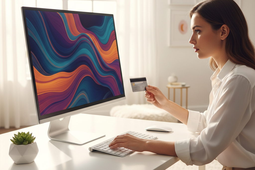 Woman purchasing a NordVPN coupon deal on desktop computer