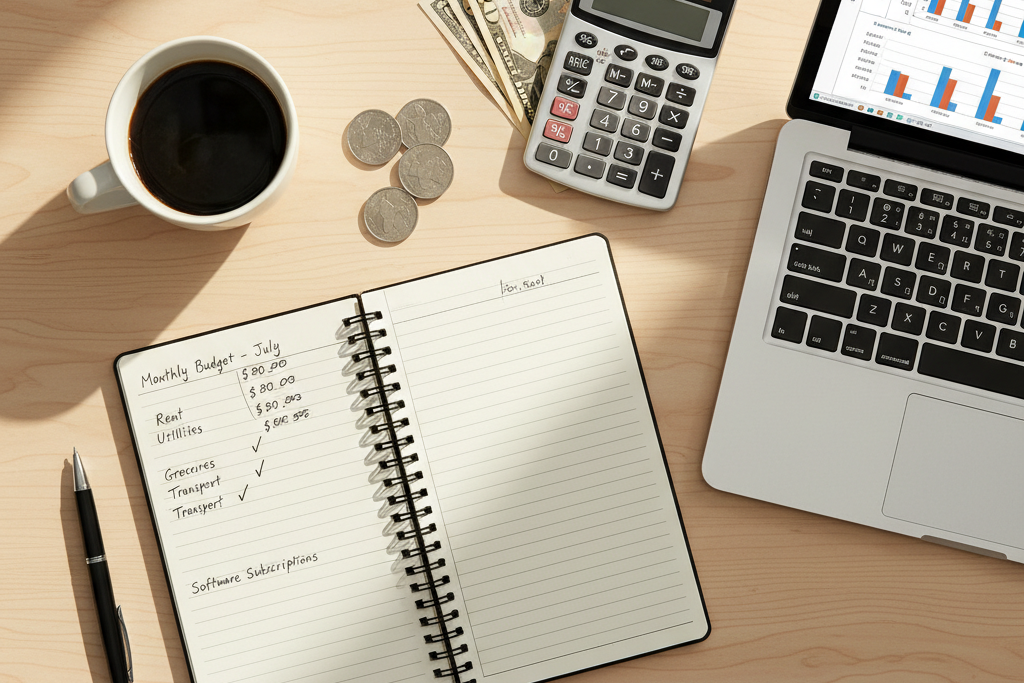 Budget planning desk with calculator and laptop for VPN pricing comparison research.