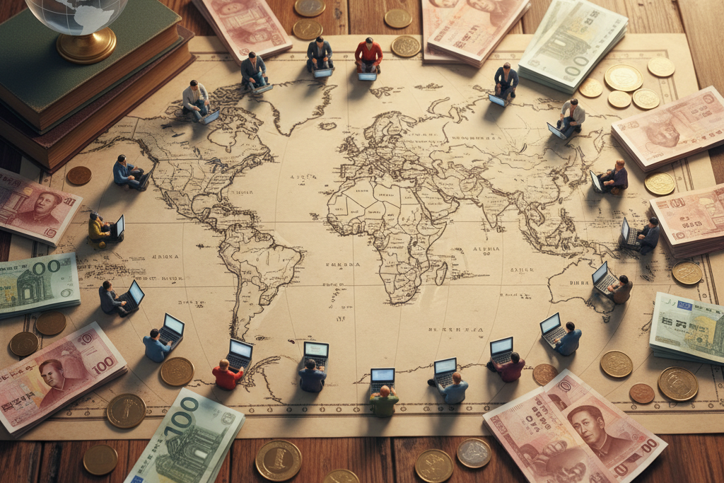 World map with global currency illustrating regional pricing for software licenses