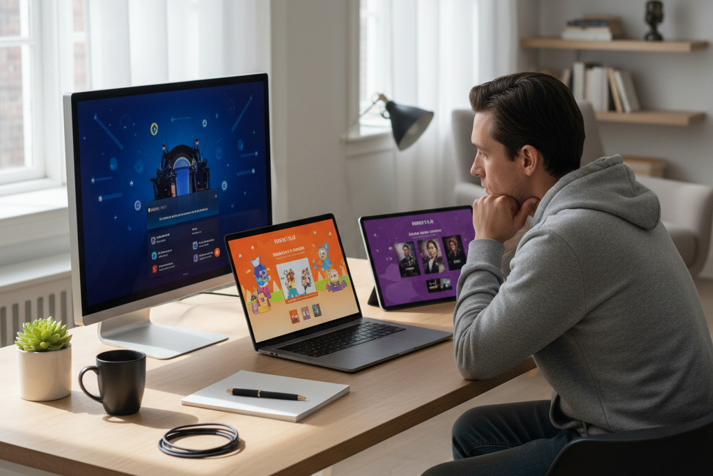 Person comparing streaming service options on multiple devices at a home desk