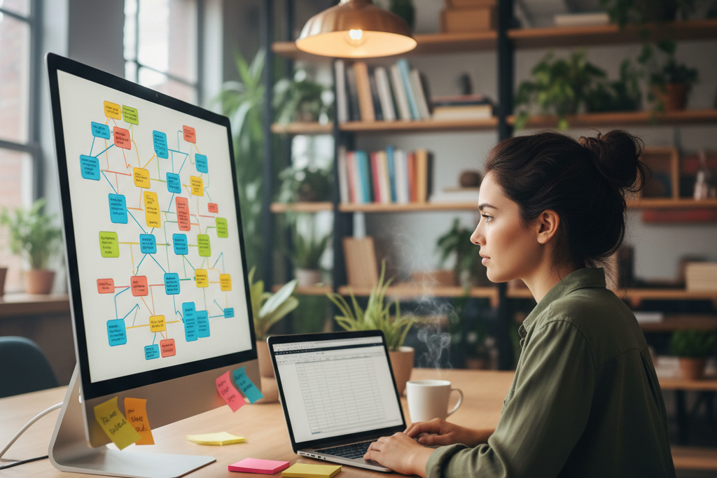 Woman comparing Visio 2024 diagramming tools on dual screens in a co-working space