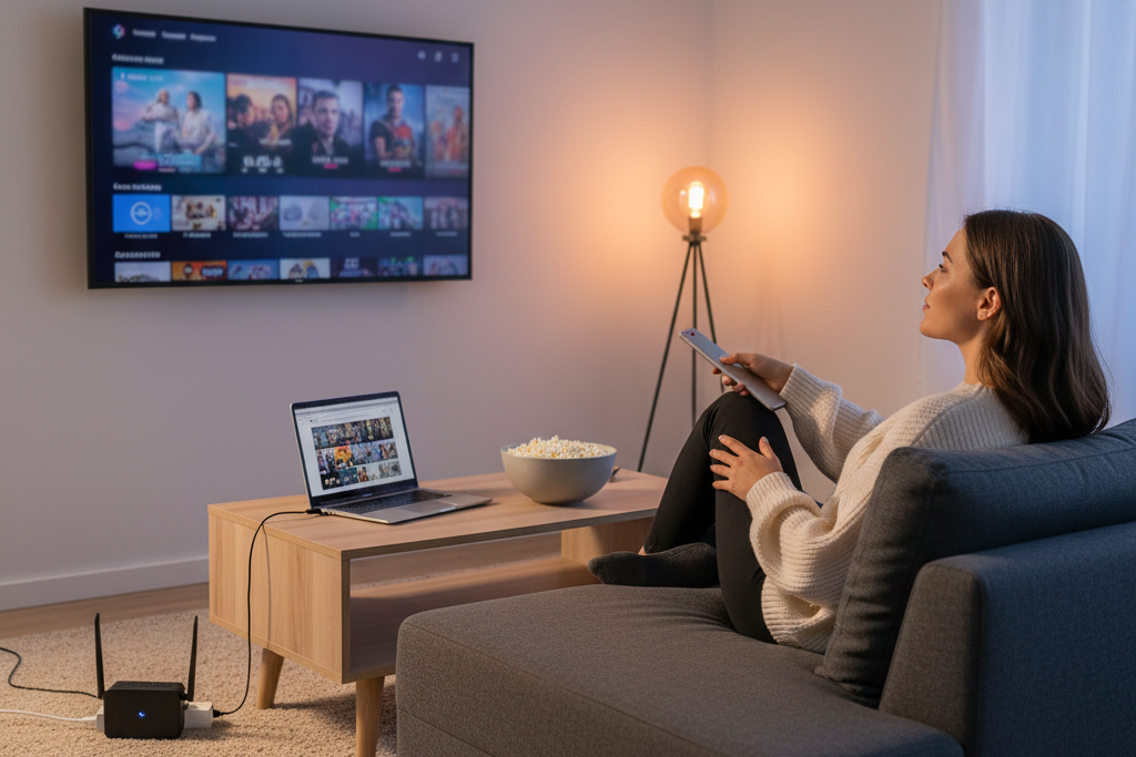 Woman streaming international content on smart TV with VPN-enabled laptop nearby.