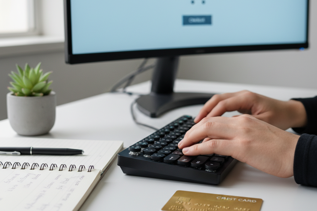 Person purchasing best price youtube premium subscription at home office desk