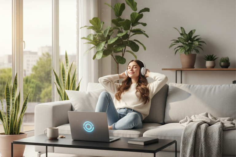 Woman enjoying youtube premium subscription on laptop in modern living room