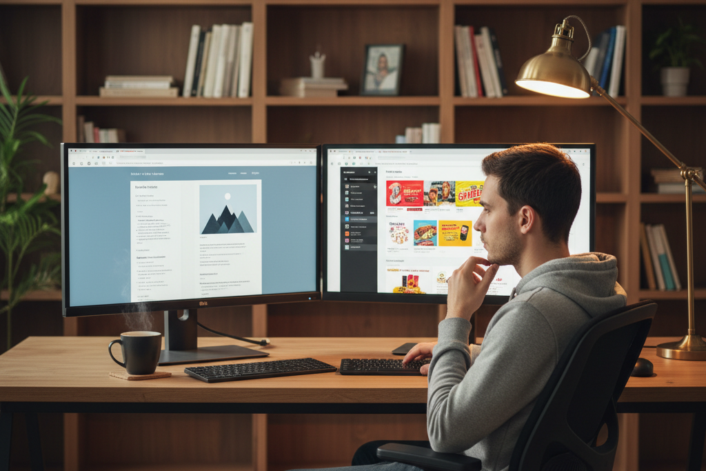 Man comparing youtube premium upgrade versus free version on dual monitors